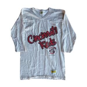 Vintage ‘88 MLB Cincinnati Reds Velva Sheen USA Made Single Stitched S Beige 3/4